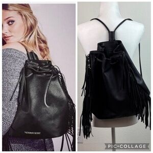 Victoria's Secret Black faux leather boho fringe bag backpack drawstring tote